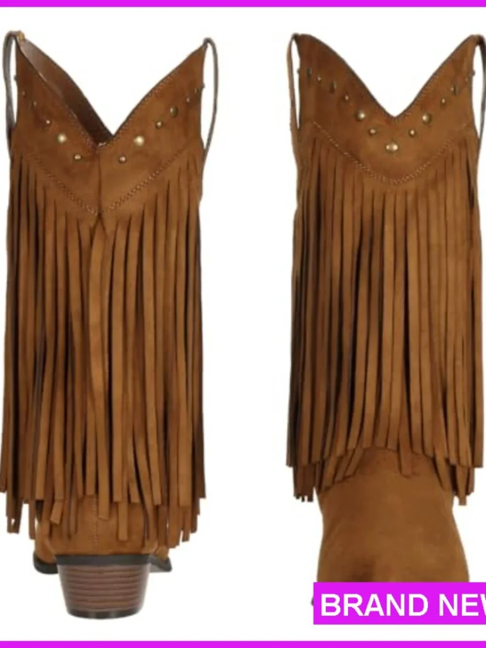 Western Cowgirl Boots Wide Calf Fringe Tassel Mid-Calf Boots Chunky Heel - Picture 5 of 7